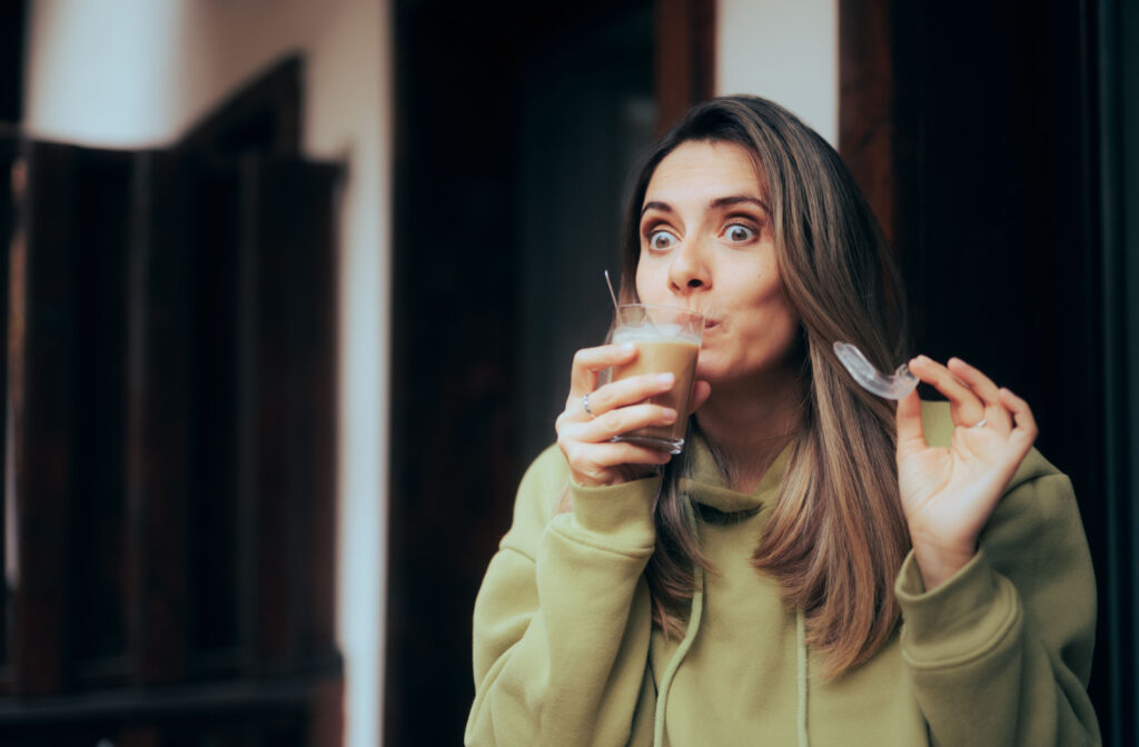 A woman drinking coffee after removing her aligner.
