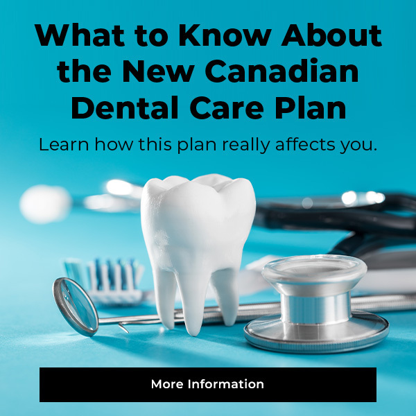 Close-up image of infographic featuring a tooth and dental tools, illustrating key information about the New Canadian Dental Care Plan.