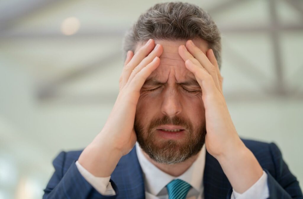 A man in a suit holds both sides of his face as he tries to deal with sinus pain.