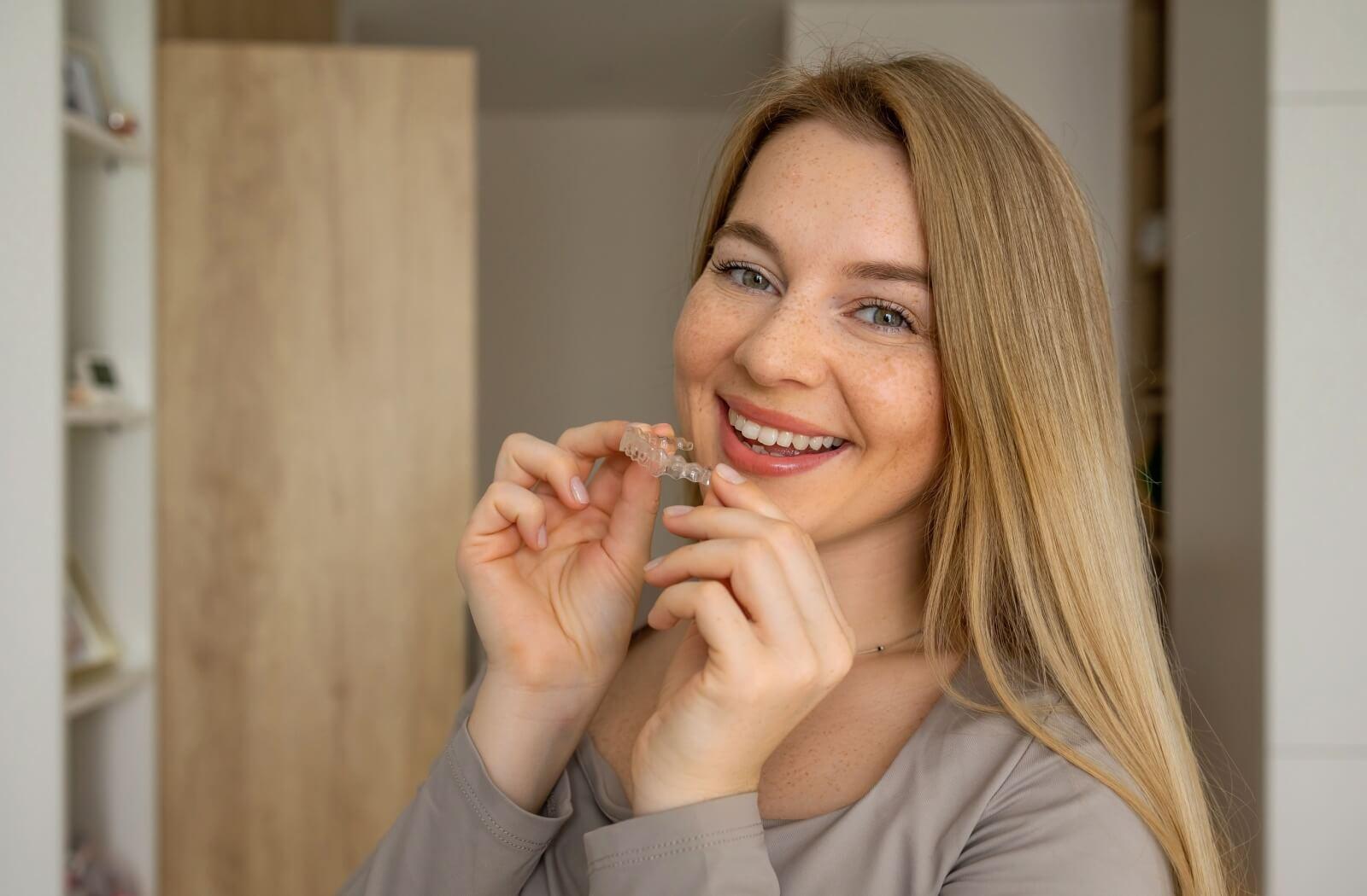 a person smiling while holding their Invisalign tray in front of their teeth